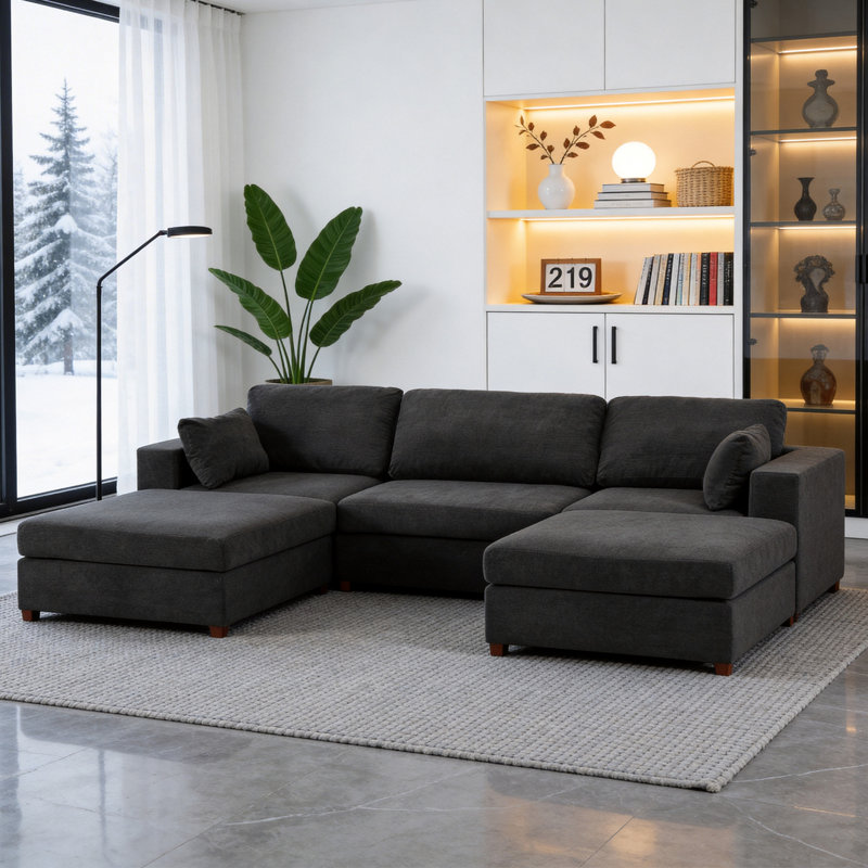 Canapé d'angle rembourré avec 2 repose-pieds, H 26 po x l 113,3 po x P 37,8 po, Gris chenille