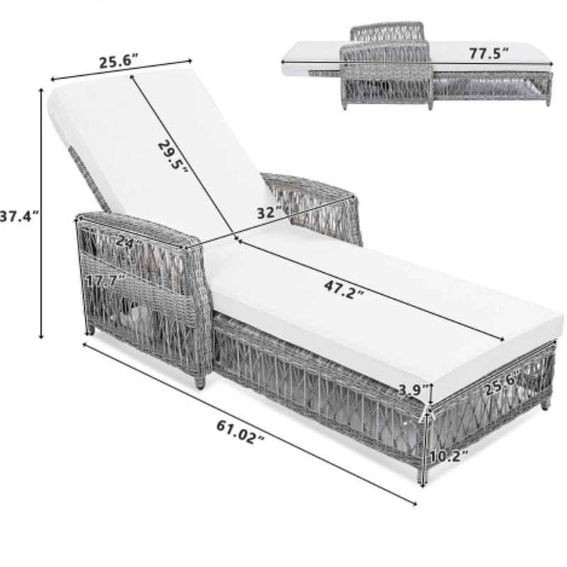Outdoor Beige Wicker Reclining Chaise With Armrests Adjustable And Removable Cushions, 1