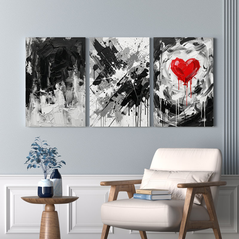 Ensemble de 3 tableaux abstraits en toile tendue, motif cœur noir, blanc et rouge, H 30 po x l 60 po