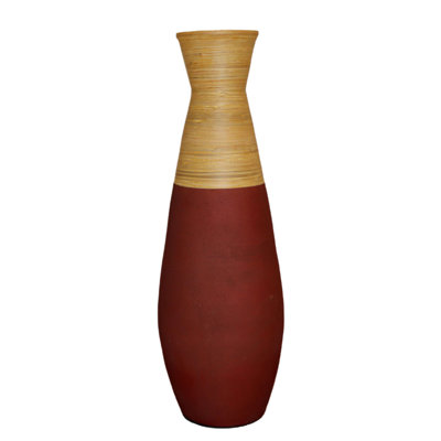Grand vase de plancher en bambou Harlow 31,5 pouces, finition bourgogne et naturelle, décor décoratif