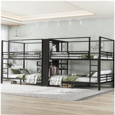 Grand lit superposé en métal quadruple pour grand lit, lit superposé en métal quadruple avec tablettes de rangement intégrées et garde-robe, structure en métal robuste avec conception à bruit réduit, noir