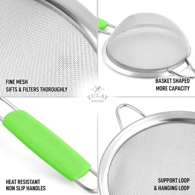 Zulay Kitchen Premium Stainless Steel Fine Mesh Strainer Set - Red, Green