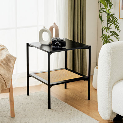 Square End Table with Rattan Storage Shelf