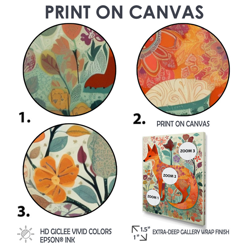 Boho renard dans une forêt de fleurs, Toile flottante noire encadrée, H 32 po x l 16 po