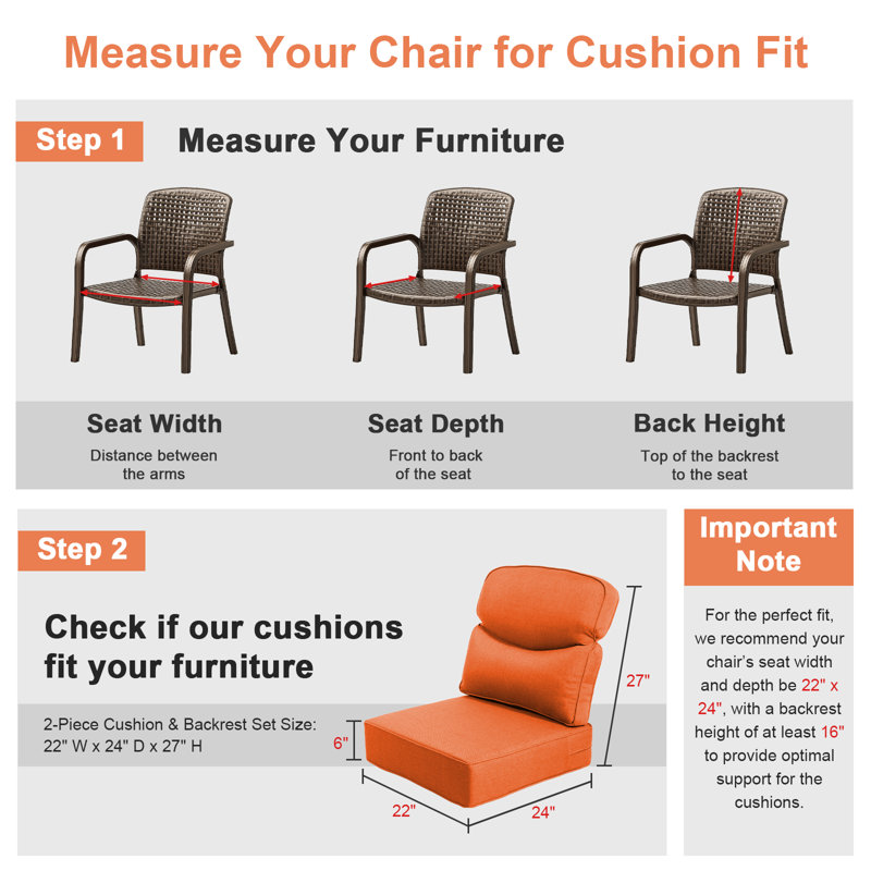 Deb Outdoor Patio Crescent Shape 6" Thick Seat & Back Furniture Cushion Set With Removable Cover, Orange, 2, 24" W x 24" D