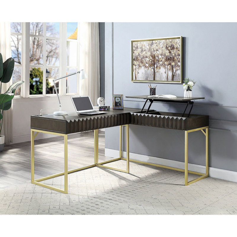 Bureau d'ordinateur transitionnel en noyer bicolore avec port USB, plateau relevable et tiroir dissimulé pour les espaces de travail modernes