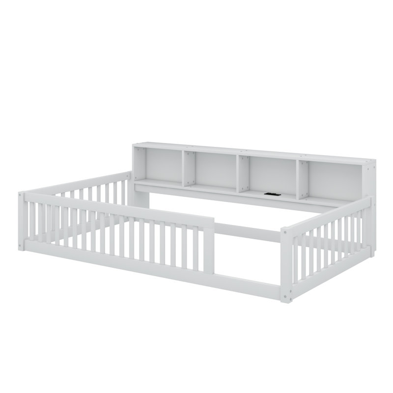 Wood Twin XL Size Floor Bed – With Built-In Storage Cabinets & USB Charging Ports, White