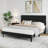 Queen Size Bed Frame, Velvet Upholstered Platform Bed with Vertical Channel Tufted Headboard,  Mattress Foundation with Strong Wood Slat, No Box Spring Needed, Height Adjustable Headboard, Black-1557283954-1557283967