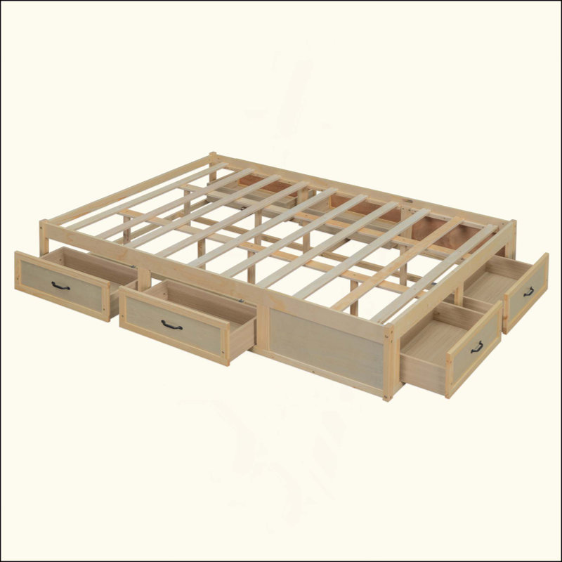 Lit plateforme avec 6 tiroirs de rangement, Naturel antique, Grand lit
