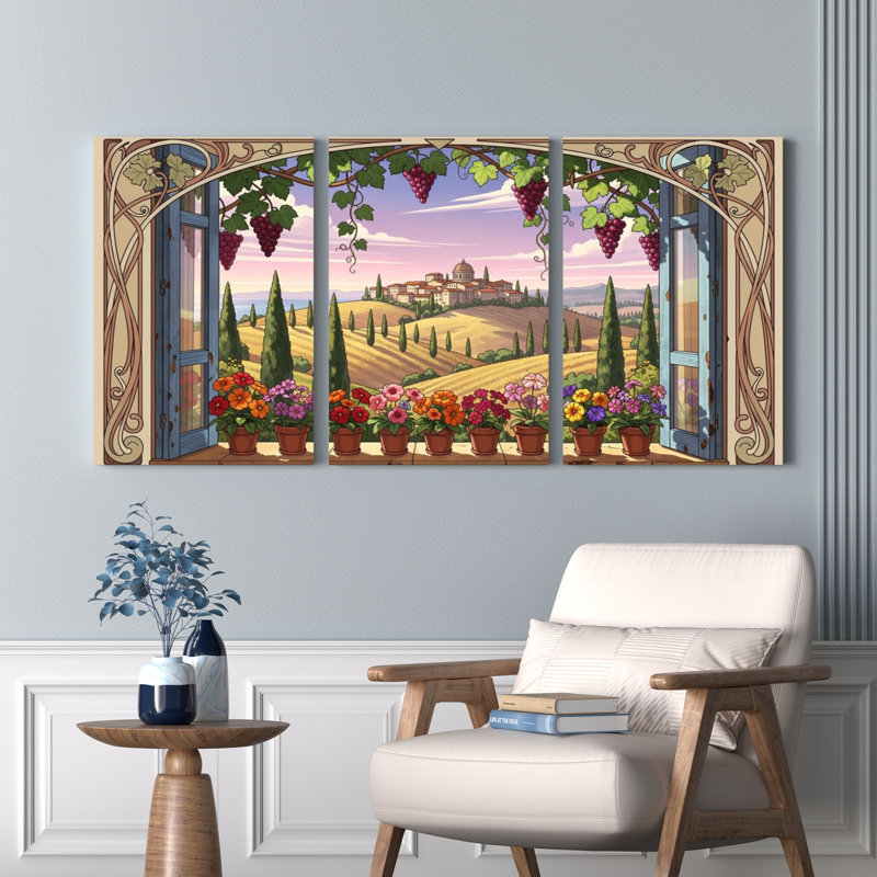 Paysage toscan avec vignoble et pots de fleurs, reproduction d'art sur toile tendue sur toile, ensemble de 3, 2436