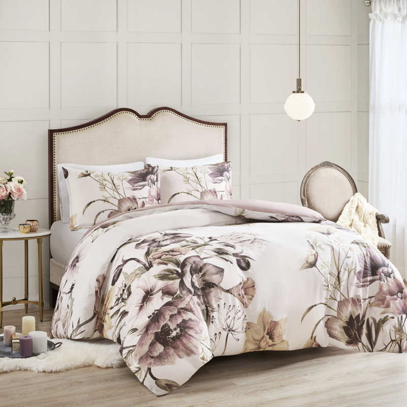 Housse de couette en coton très grand / très grand - imprimé floral, attrayant pour la chambre à coucher, fermeture à boutons, attaches de coin, 3 pièces chic, look et cravate,