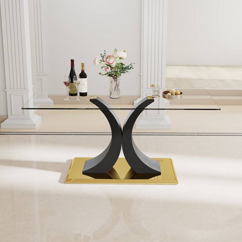Table de salle à manger moderne en verre trempé avec base en métal Double-C pour la cuisine et la salle à manger, Noir / or