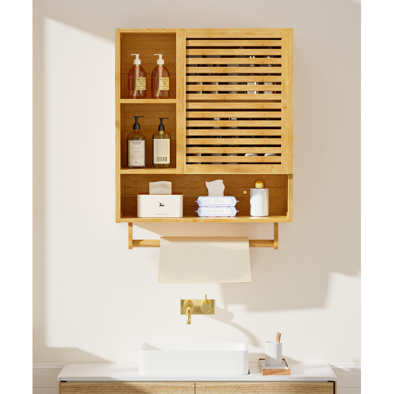 Bamboo Bathroom Cabinet Wall With Towels Bar, Brown