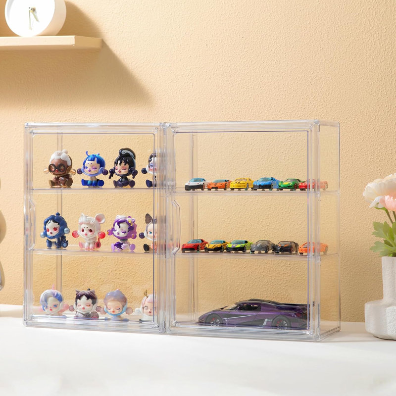 Acrylic Display Cases For Collectibles, 2 Pack 3 Layer Clear Display Case With Magnetic Door,Desktop Clear Showcase With 2 Adjustable Divider Storage Box For Action Figure