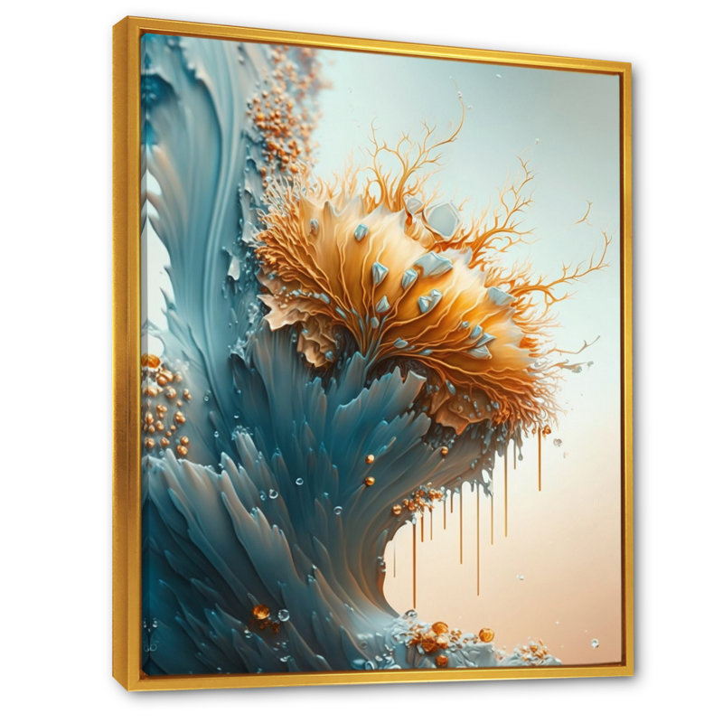 «Abstract Blue and Gold Leaves I», reproduction sur toile, H 32 po x l 16 po x P 1 po, Toile avec cadre flottant or