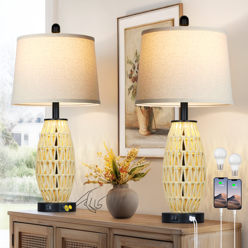 27" Rattan Table Lamps with Night Light & USB/Type-C Ports, LED Bulbs Included, Black/Light Natural