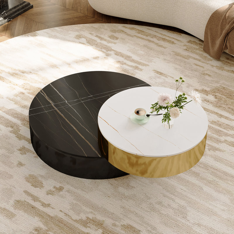 Modern Luxury Rotating Two-Tier Coffee Table - Metal Frame with Sintered Stone Tabletop, Round Multifunctional Rotating Design for Living Room