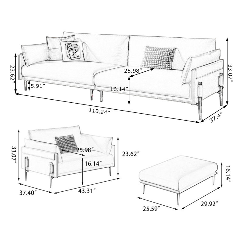 Ensemble de salon en cuir véritable blanc crème 3 pièces