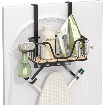 Support mural et de porte 2 en 1 avec panier à bords hauts et crochets latéraux, compatible avec les pieds en T et en Y, gain de place, idéal pour la buanderie, la décoration d'atelier de couture et comme accessoire, noir