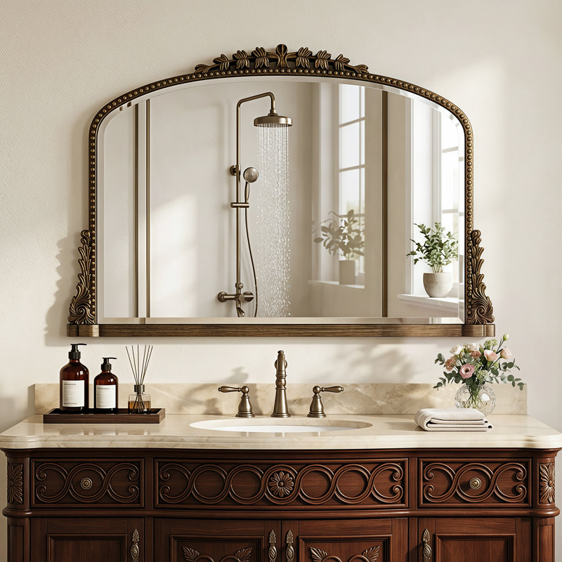 Miroir de salle de bain rétro gravé, miroir mural arqué, 24"×36", Bronze ancien