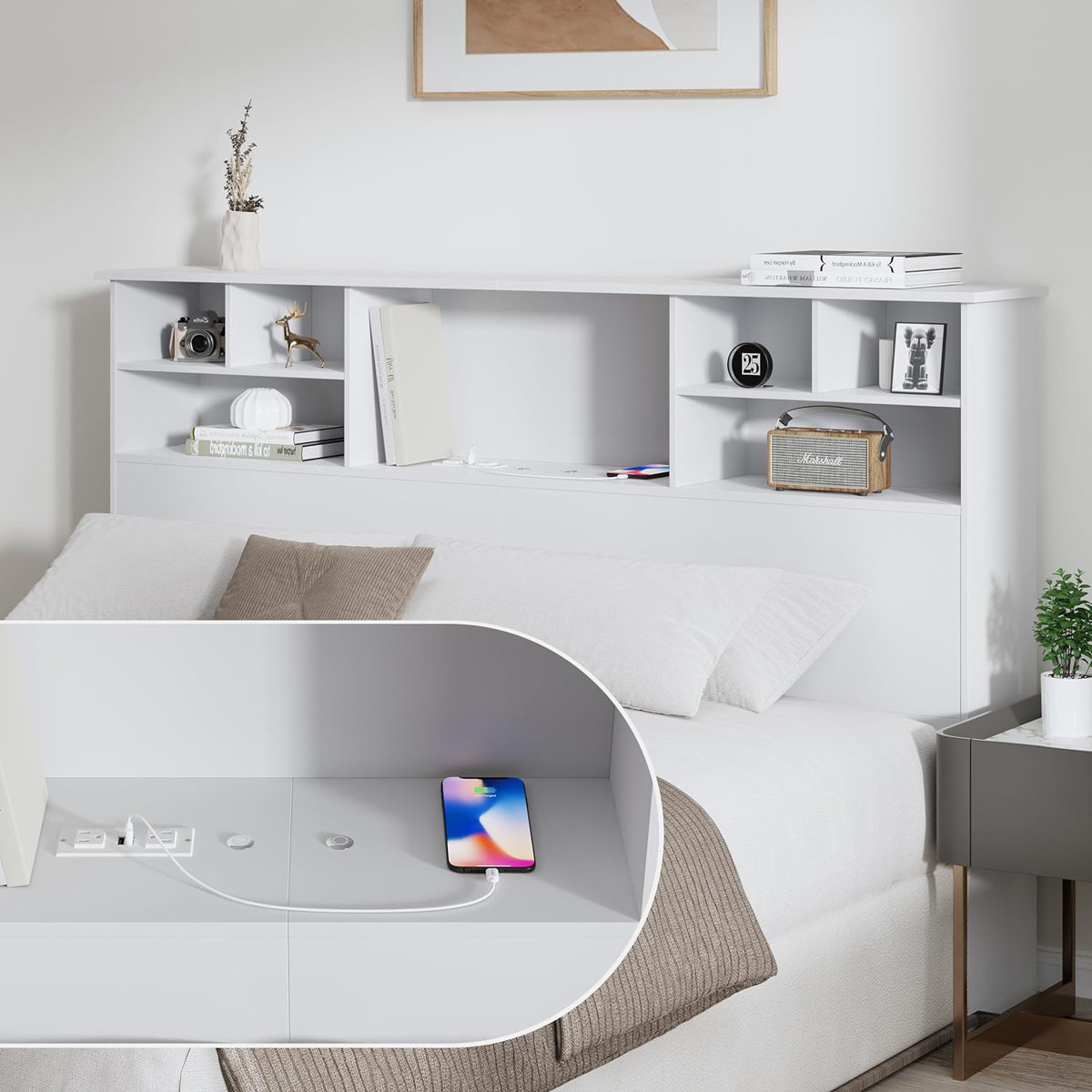Condition photo showing New/Like New for Bookcase Headboard With Charging Station & 2 Led Lights By Wrought Studio
