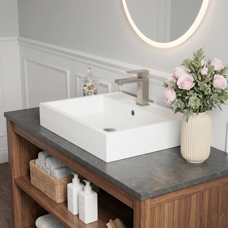 Lavabo de salle de bain L 24 po x l 19 po x H 5 po, comptoir rectangulaire avec comptoir avec trou pour robinet, blanc mat