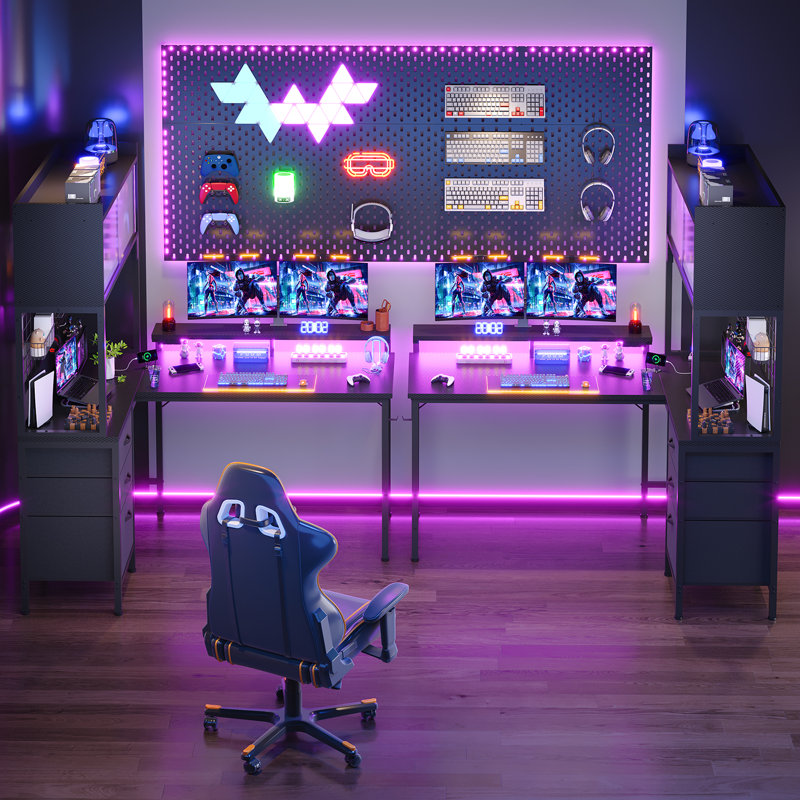 L-Shaped Metal Base Computer Desk, Black
