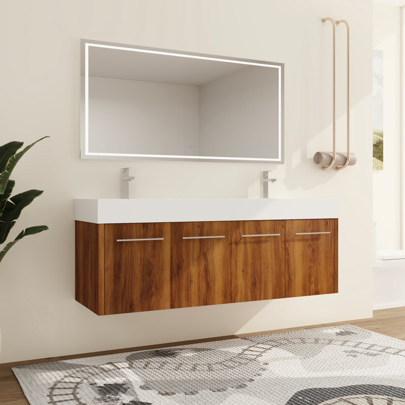 Beckby 60'' Wall-Mounted Double Bathroom Vanity With Resin Vanity Top, Brown Ebony, Chrome, White