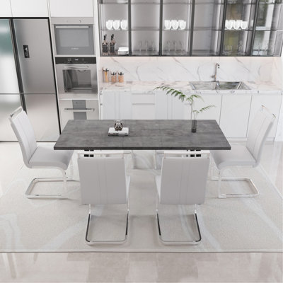 55.12-70.87" Expandable Square Dining Table Set That Can Accommodate 4-6 People, Equipped With 6 C-Shaped Tubular Cushioned Armless Dining Chair,  Kitchen Table And Chair Set, With Metal Legs