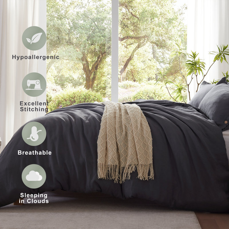 TOSMO 100% Linen Duvet Cover Set with Button Closure,Soft Breathable Durable Farmhouse Bedding, Charcoal Grey