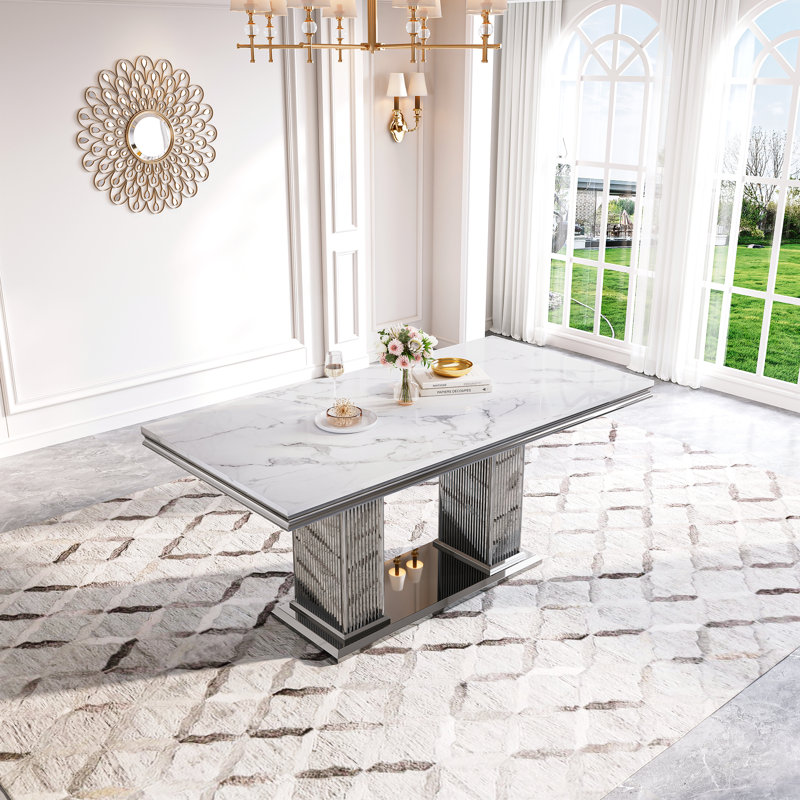 Metal Base Dining Table, White, Silver
