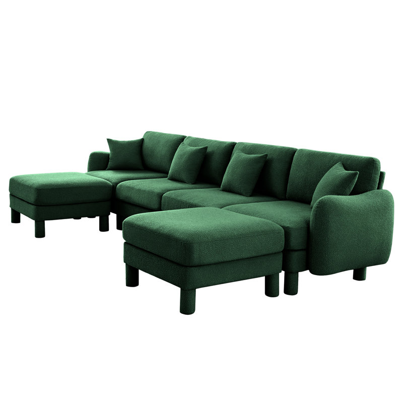 Canapé modulaire en U à 4 boucles en tissu Boucle avec bords arrondis avec accoudoirs, 2 repose-pieds mobiles et configuration de siège confortable pour socialiser des ornements modernes en forme de coquillage, des sièges de soutien à système de ressorts