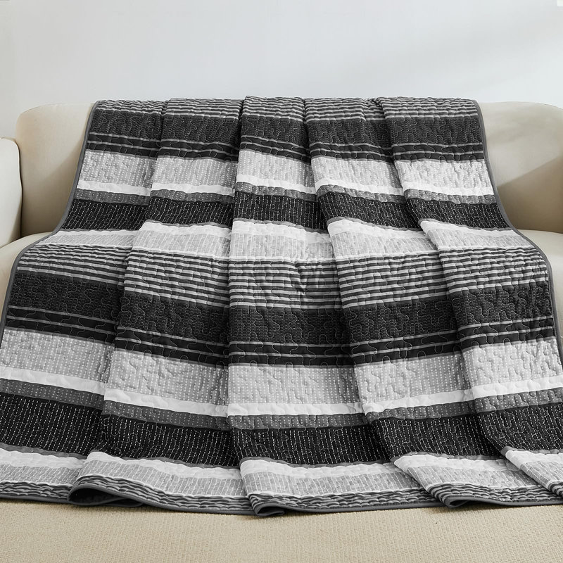 Ensemble de couvre-lit rayé 3 pièces Boho, Noir blanc, Couvre-lit grande taille et 2 taies d'oreiller