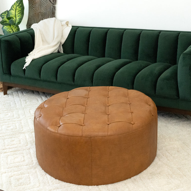 Foundry Select Pouf rond en cuir de chèvre massif uni (rembourrage en coton  recyclé) couleur brune 21 po x 21 po x 12 po - Wayfair Canada