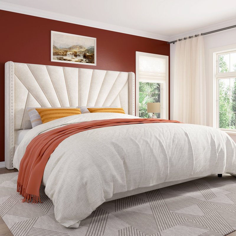 Bed Frame With 51"High Velvet Upholstered  Wingback Headboard, Platform Bed With Charging Station And Led Lights, Beige