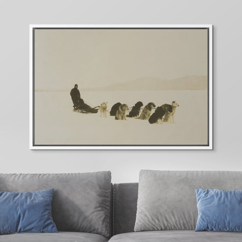 «Dog Sled Team», «Snowfield Adventure», reproduction d'art encadrée sur toile, art mural, H 16 po x l 24 po x P 1,5 po, Blanc