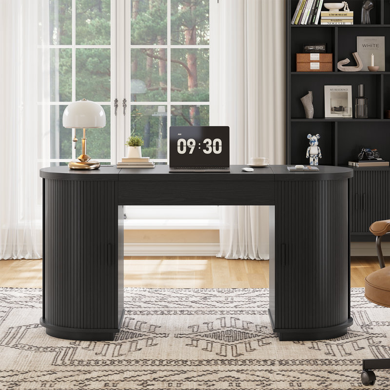 59'' Lift-Top Executive Desk with Power Outlet, Mid-Century Writing Desk with 2 Tambour Cabinet, Black