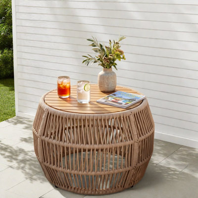 Tables de patio compactes et modernes, corde en bois d'acacia, table d'extérieur au fini teck