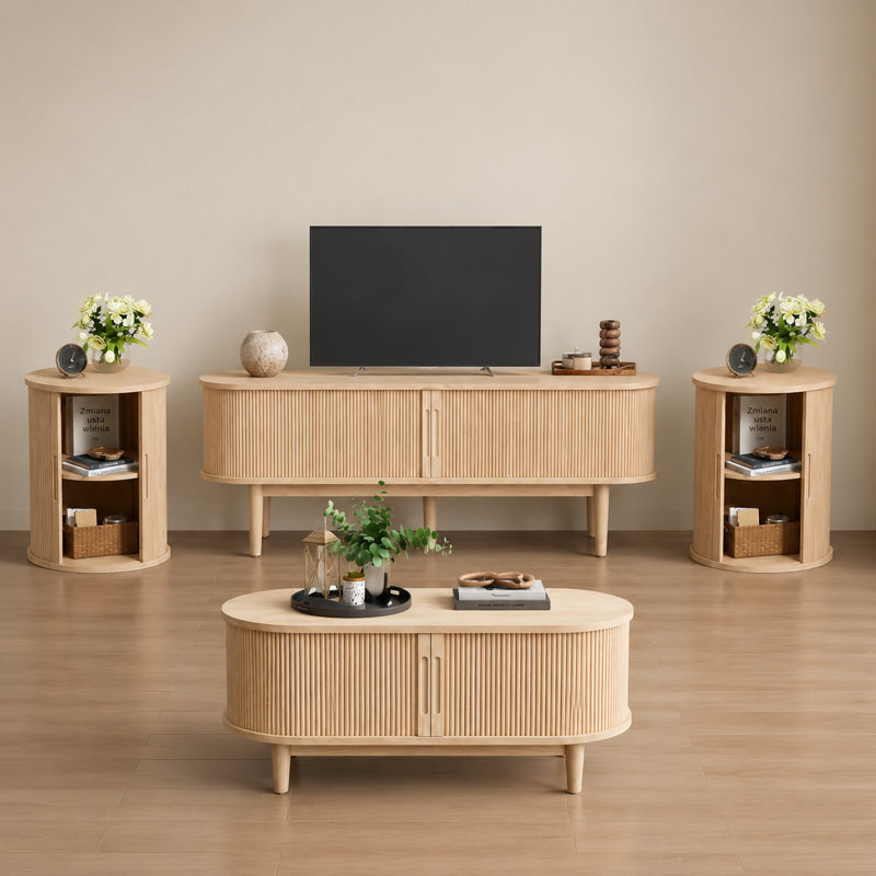 Mosser 4-Piece Fluted Living Room Table Set, Oak Wood
