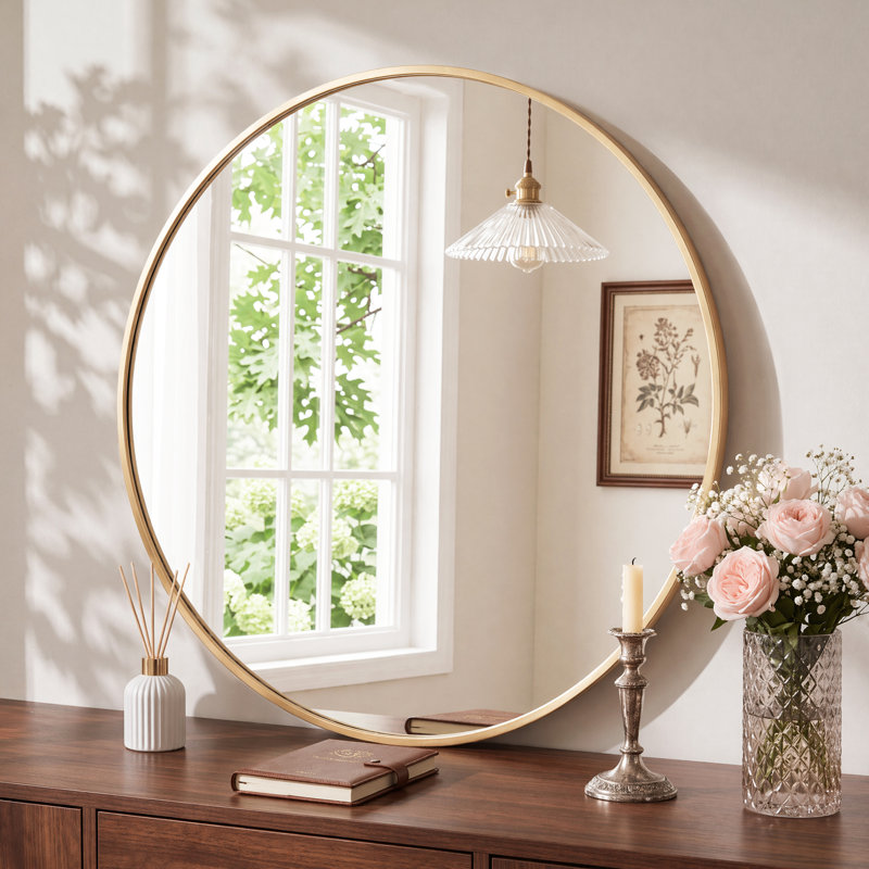 Miroir mural rond en métal, Doré, 28 po x 28 po