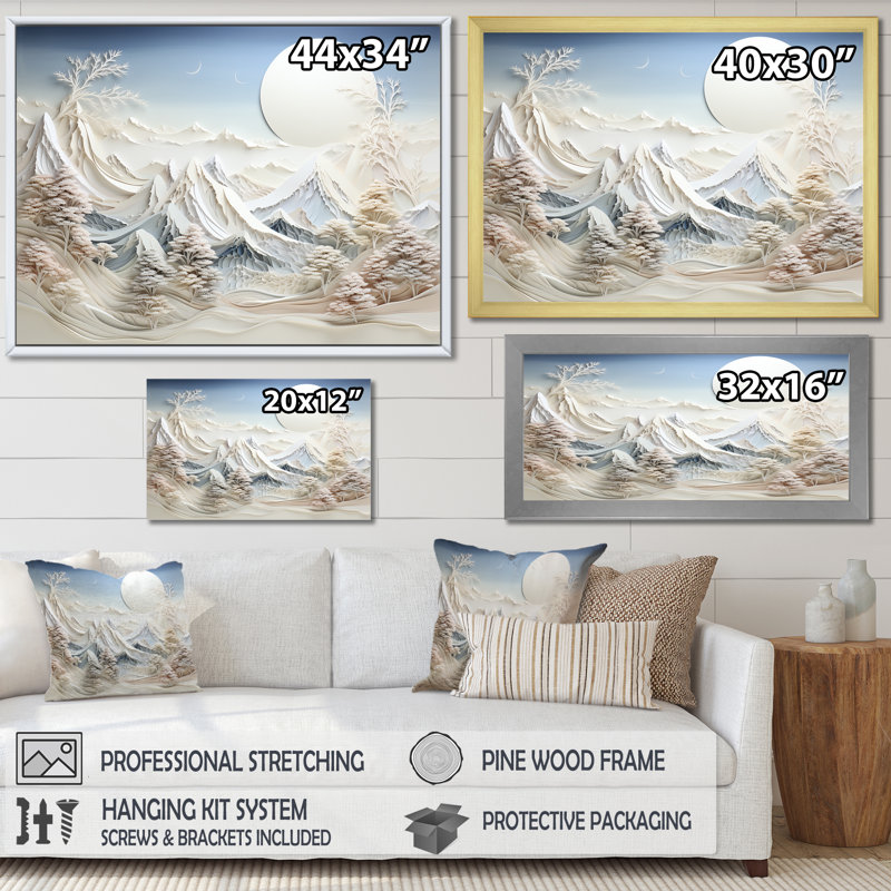 «Abstract Snowy Winter Mountains IV - Abstract Landscape», art mural, Cadre flottant brun, H 24 po x l 32 po x P 1 po