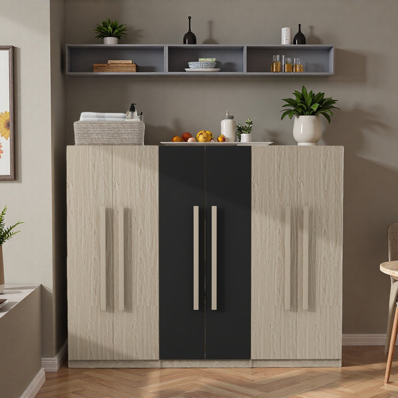 Armoire 6 portes en bois avec deux tiroirs intégrés et tiges suspendues