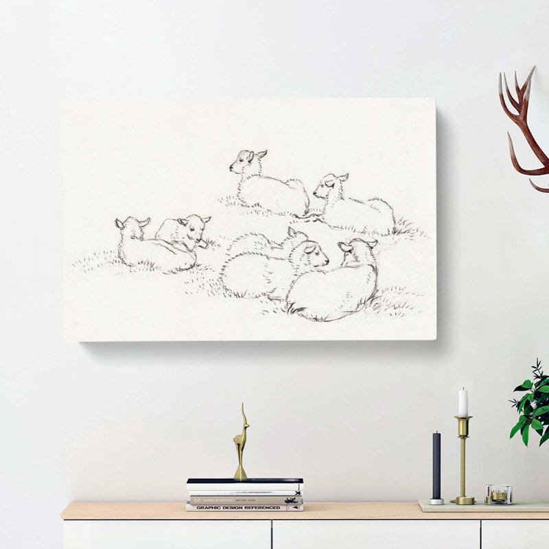 Six Lambs by Jean Bernard - Wrapped Canvas Drawing - Wrapped Canvas, 40cm H x 60cm W x 3cm D