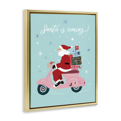 Santa on Moped Scooter Gold Framed Floater Canvas Wall Art, design by Be Ni La