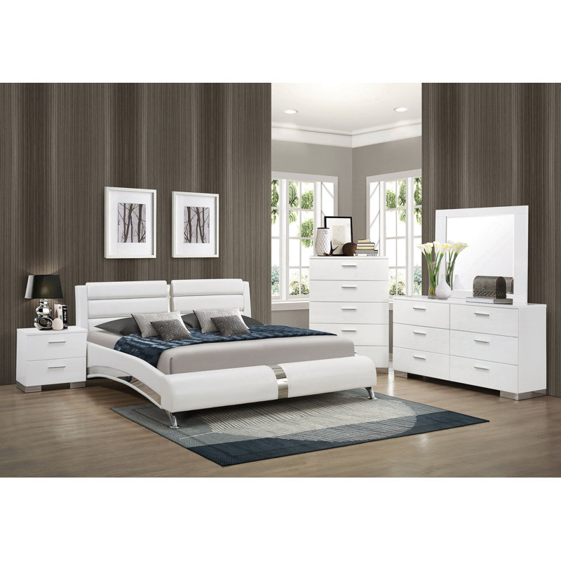 Ensemble de chambre à coucher tapissier Clemence, Grand, Ensemble de 5 pièces : lit, table de chevet, com