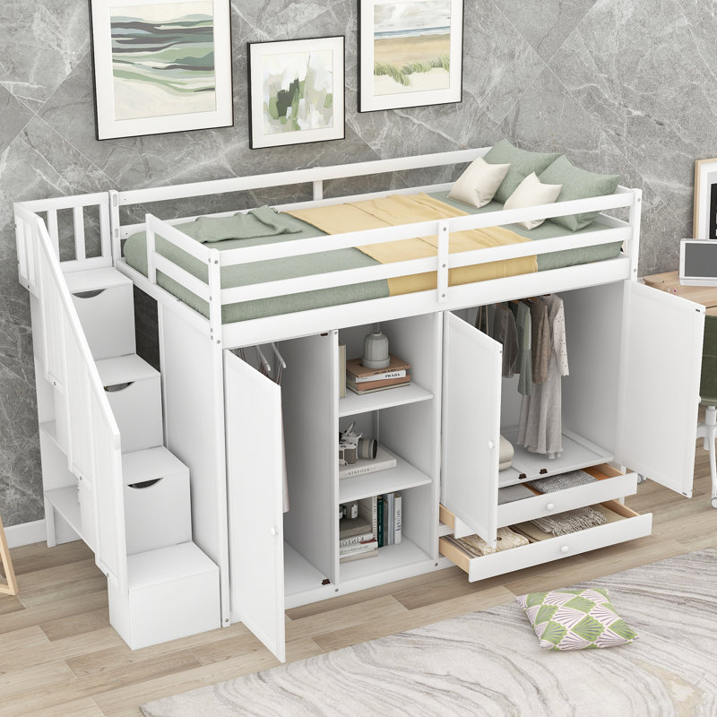 Lit mezzanine Ember avec tablettes, armoires, tiroirs et structure en bois de pin robuste, Blanc