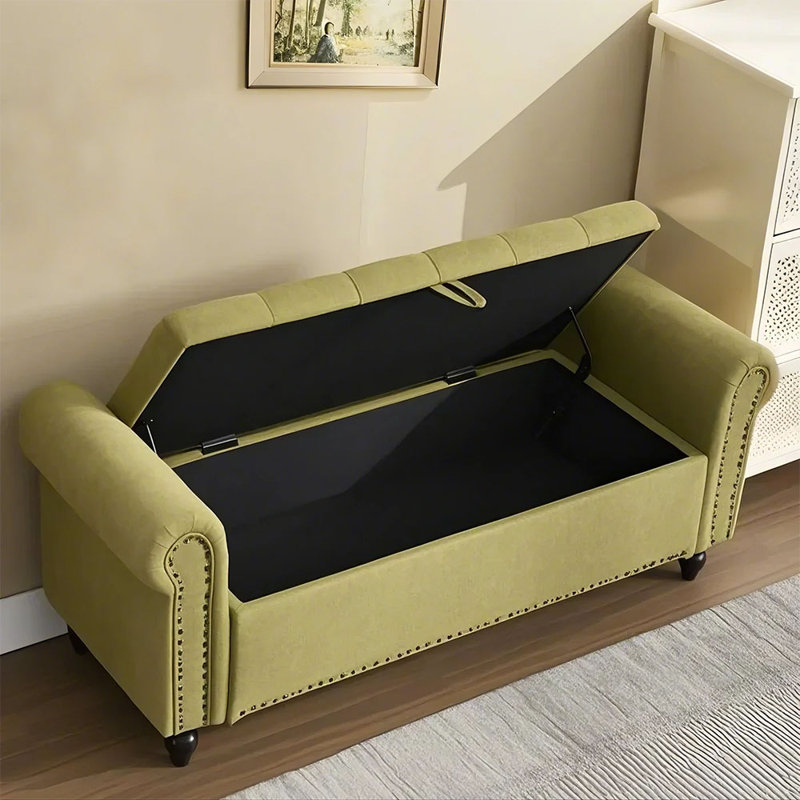 Repose-pieds capitonné avec rangement capitonné, Lin vert olive