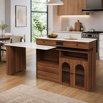 Sneha Extendable Rotating Kitchen Island with Glass Door Storage and Power Outlet