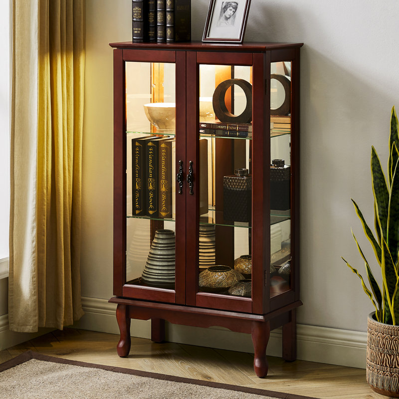 Vitrine en bois de cerisier avec tablettes réglables et miroir de style classique, Cerisier