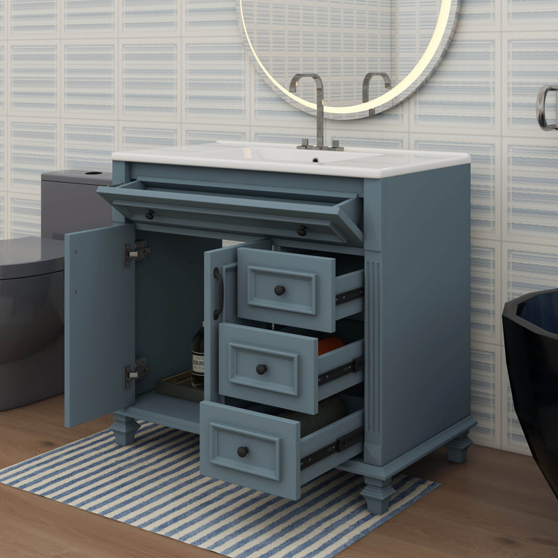 Meuble-lavabo de 36 pouces avec meuble-lavabo avec tiroir escamotable et 3 tiroirs, Bleu gris